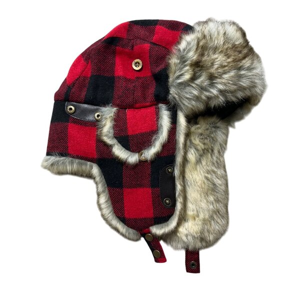 NWT Scala Unisex One Sz Buffalo Plaid Trapper Hat Faux Fur Red - Picture 1 of 10